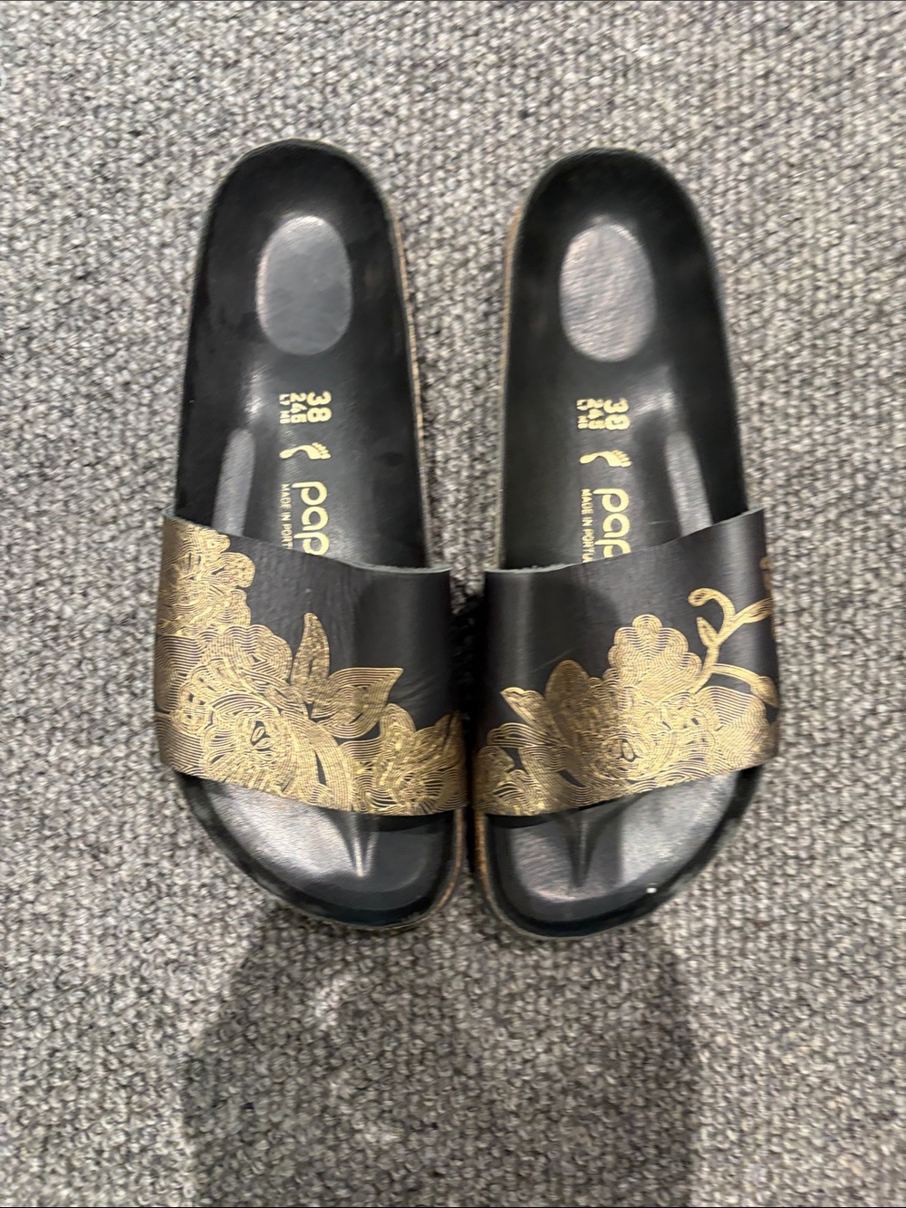 Papillio Black Slide Sandals with Gold Floral Print